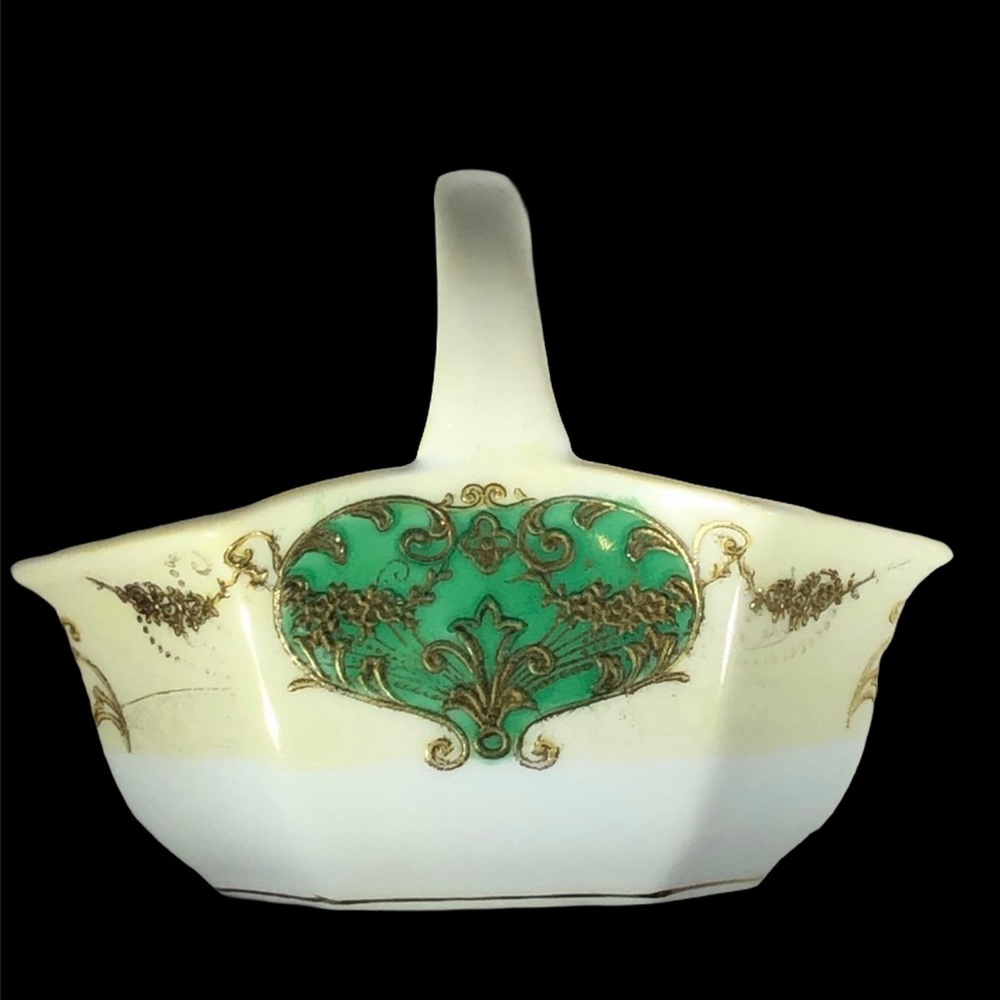 NORITAKE GREEN/GOLD/YELLOW HAND PAINTED PORCELAIN CERAMIC MINI BASKET